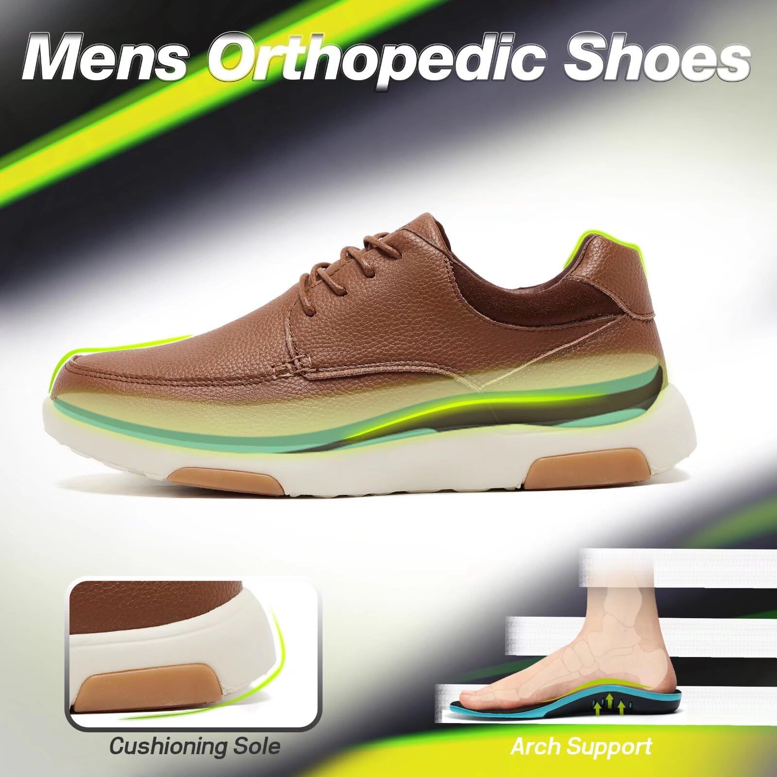 OrthoComfoot genuine leather upper offers a polished look and lasting durability.