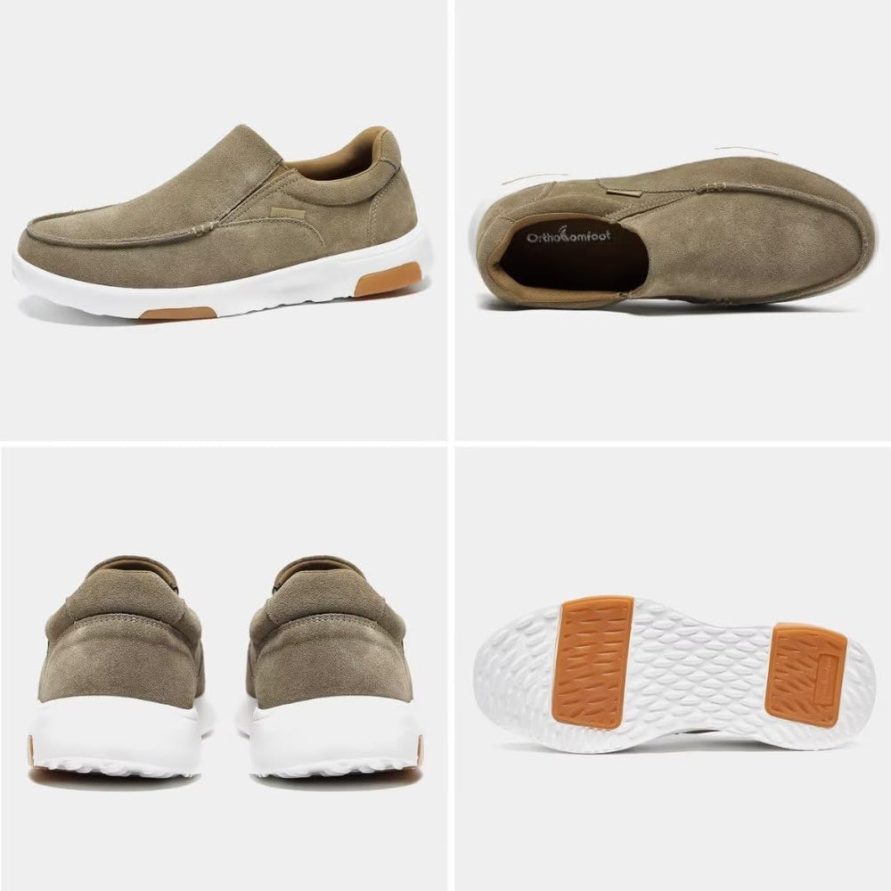 OrthoComfoot leather upper closeup showcases premium materials and refined style.