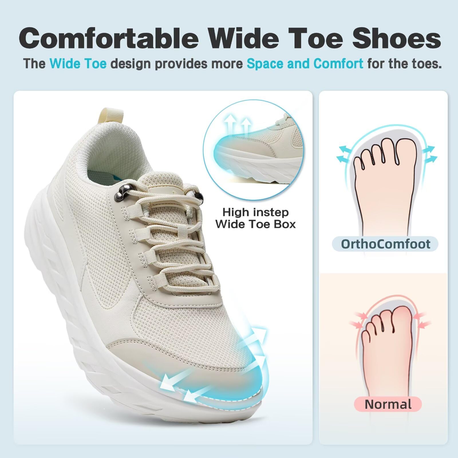 OrthoComfoot breathable upper blends mesh and leather for dry, fresh feet.