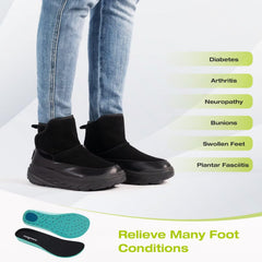 OrthoComfoot wide-toe-box ankle boots relieve toe crowding for swollen feet.