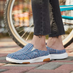 OrthoComfoot blue boat shoes on model for casual daily wear.