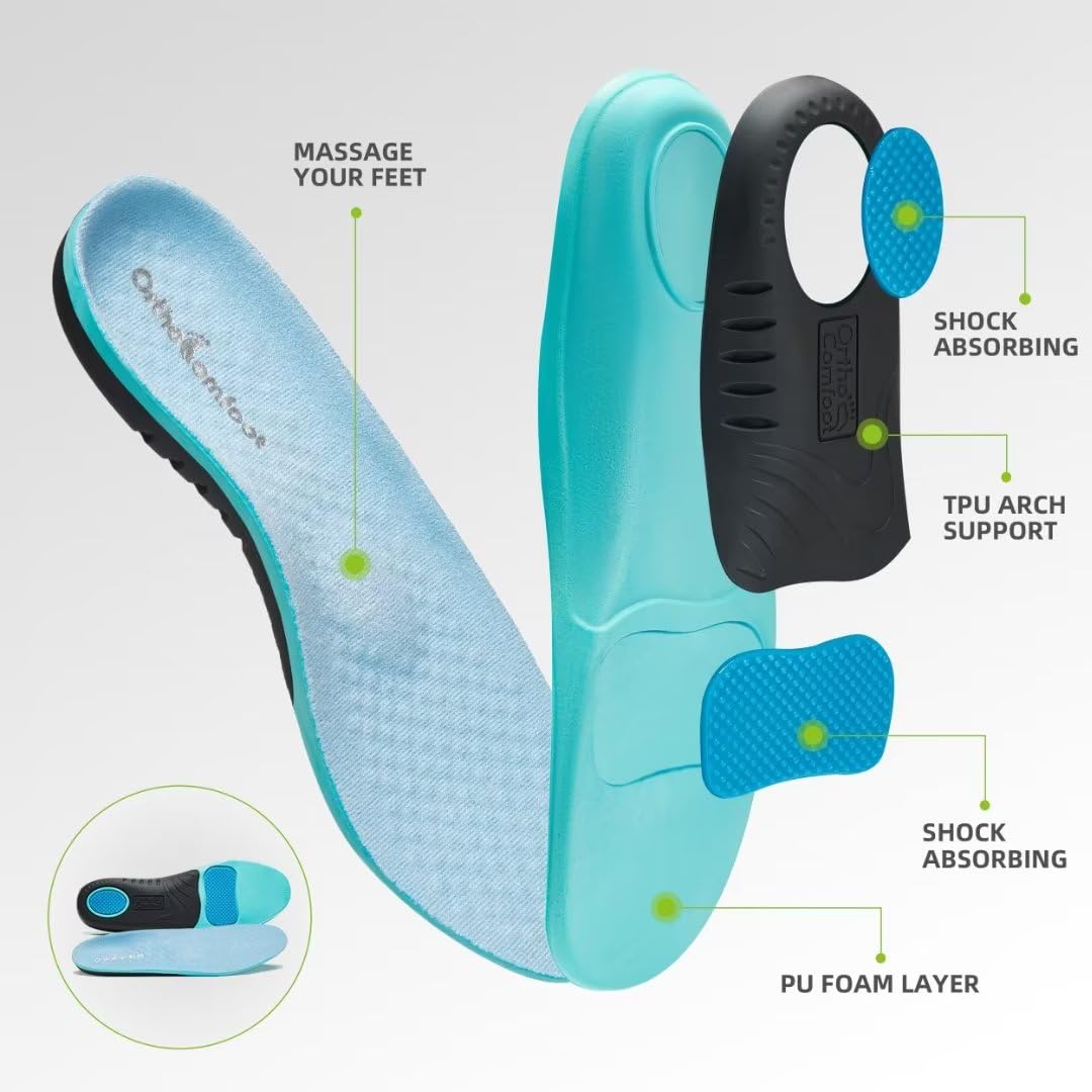 OrthoComfoot indoor-outdoor blue shoes shown on feet for versatile use.