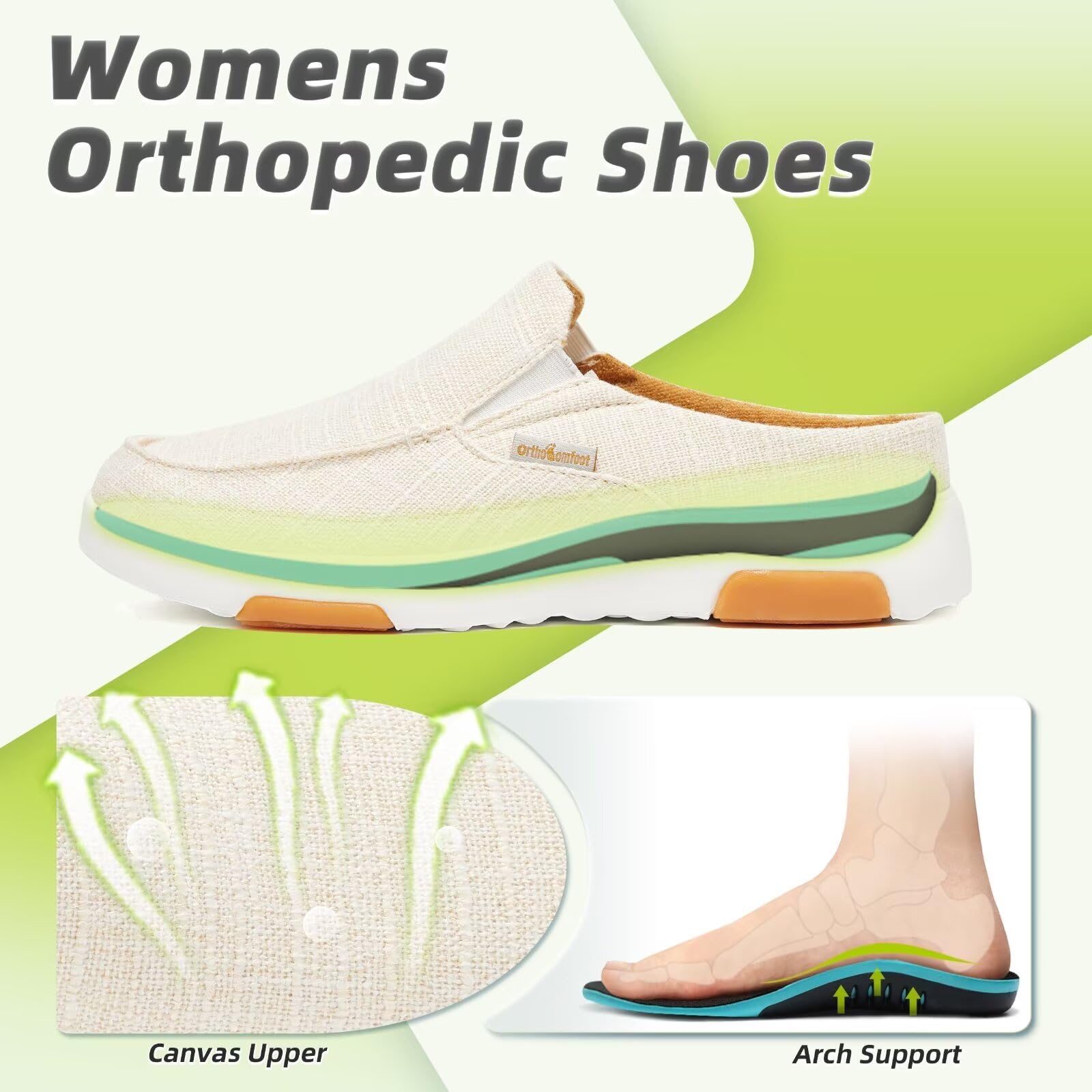OrthoComfoot women's orthopedic shoes, heel close-up showing cushioned support and impact absorption
