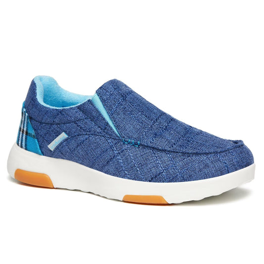 OrthoComfoot blue slip-on loafers offer all-day comfort.