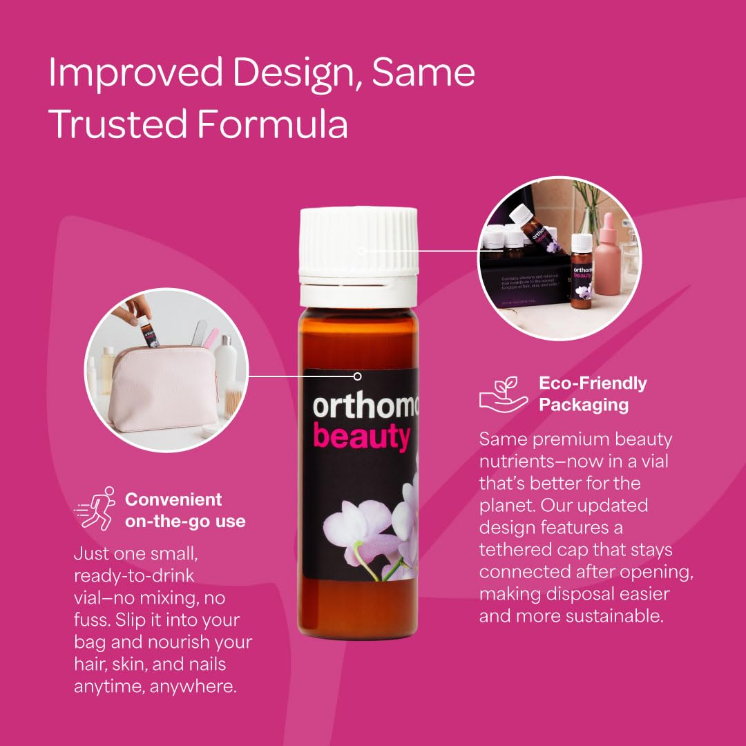 Orthomol Beauty Vial gluten-free symbol reinforces allergen-friendly claim.
