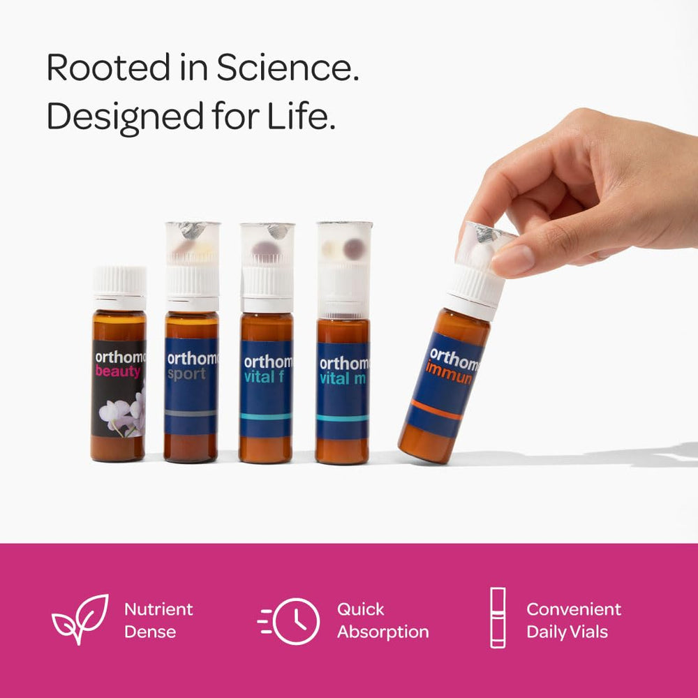Orthomol Beauty Vial icons illustrate hair, skin, and nails benefits.