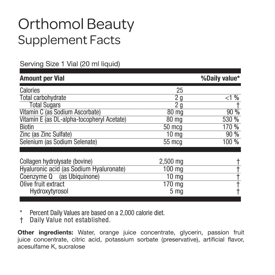 Orthomol Beauty Vial label close-up emphasizing quality and allergen-free formula.