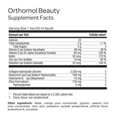 Orthomol Beauty Vial label close-up emphasizing quality and allergen-free formula.