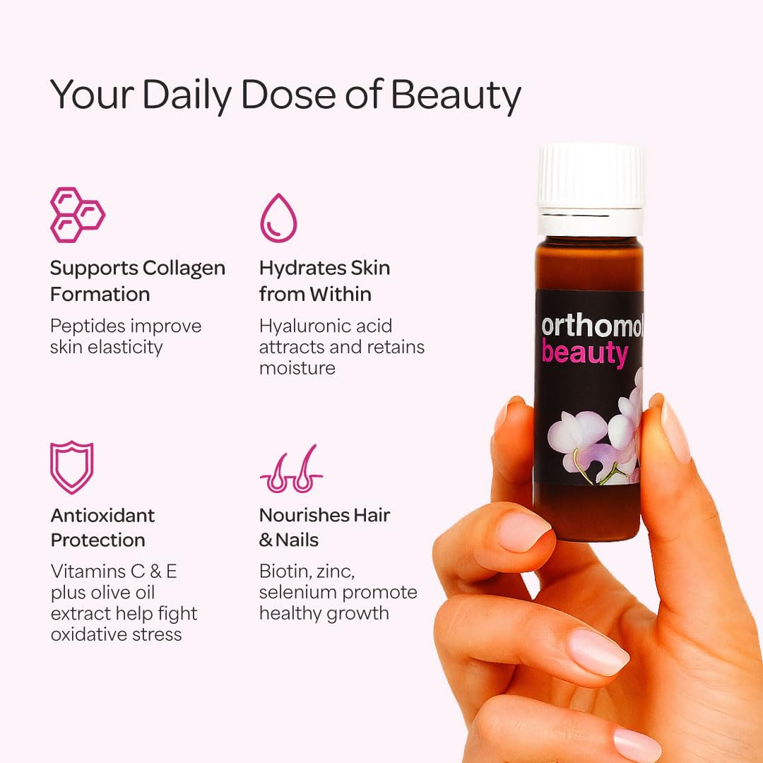 Orthomol Beauty Vial liquid in a glass emphasizes convenient daily beauty support.