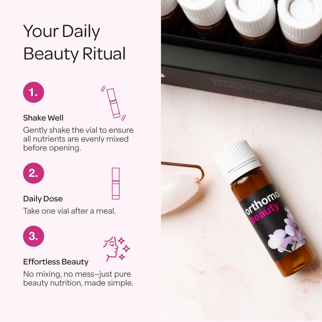 Orthomol Beauty Vial morning routine scene suggests simple integration into daily life.