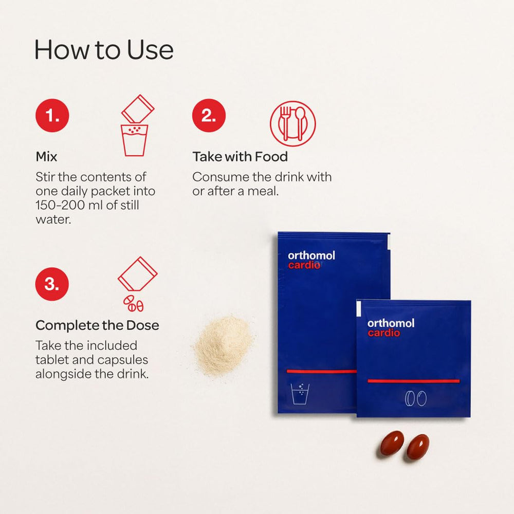 Orthomol Cardio Vitamin B complex and magnesium pack supporting energy metabolism.