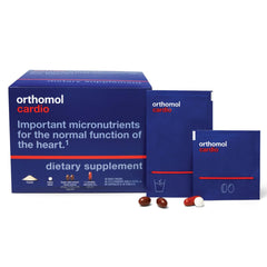 Orthomol Cardio daily-pack sachet dissolves in water for cardiovascular support.