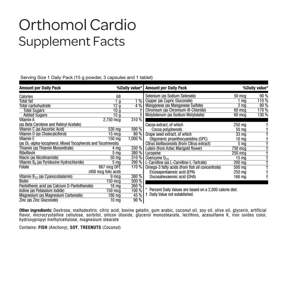 Orthomol Cardio grapeseed and cocoa polyphenols sachet highlighting antioxidant ingredients.