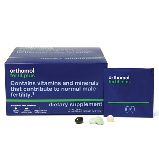 Orthomol Fertil Plus bottle with 30 day supply highlighting fertility support