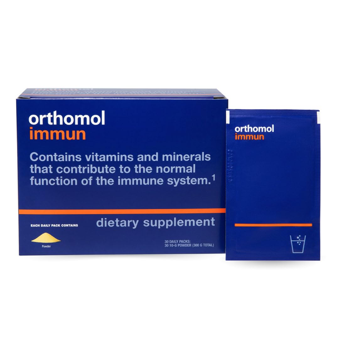 Orthomol Immun box with powder packets supports a convenient daily immune routine.