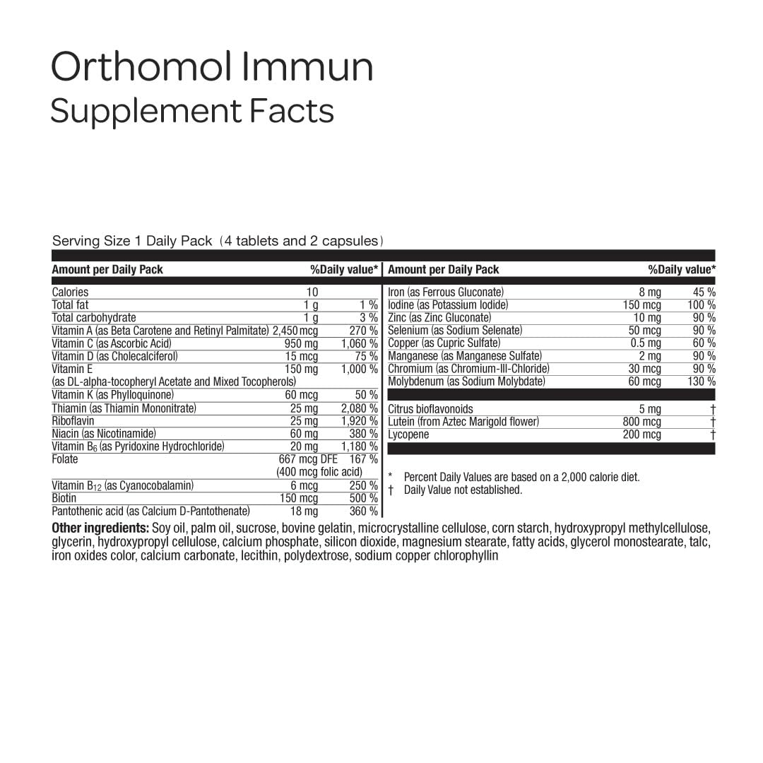 Orthomol Immun daily pack foil packaging for travel-friendly use.