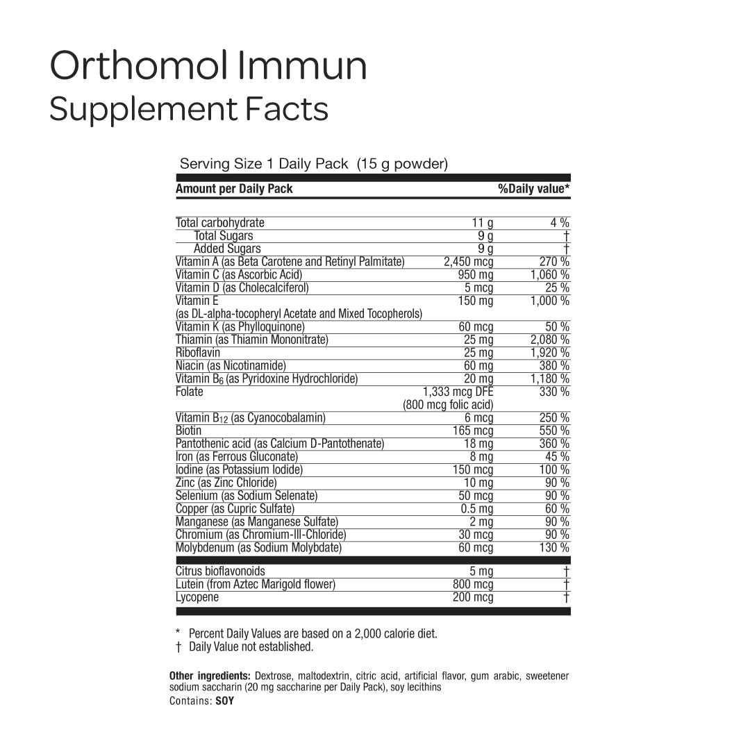 Close-up shows a glass of Orthomol Immun ready to drink.