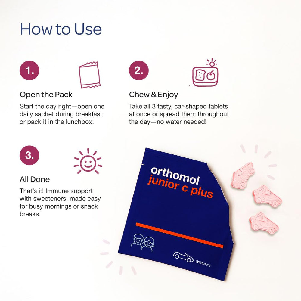 Orthomol Immun Junior C Plus 30-day supply box with calendar promotes routine use
