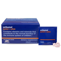 Orthomol Immun Junior C Plus bottle front with kid-friendly packaging for daily multivitamin use