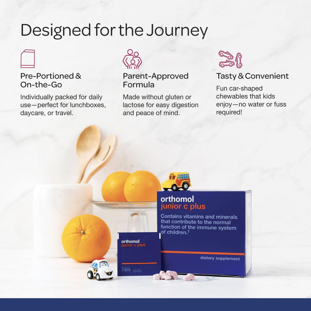 Orthomol Immun Junior C Plus brand logo display on packaging signals a trusted daily supplement
