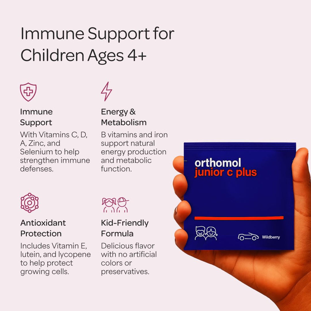 Orthomol Immun Junior C Plus serving spoon highlighting convenient daily dose for kids