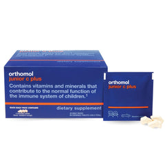 Orthomol Immun Junior C Plus Tangerine bottle offers daily immune support for kids.