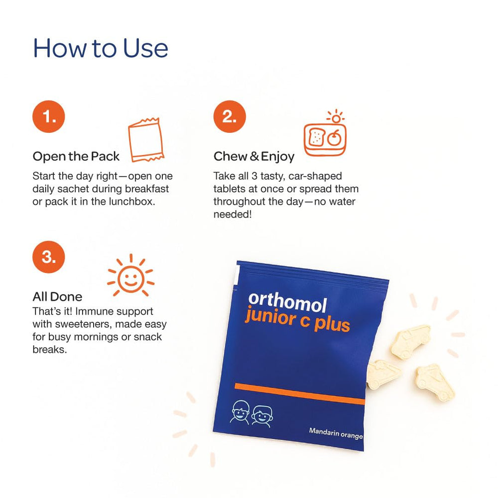Kid-friendly usage with Orthomol Immun Junior C Plus Tangerine flavor.