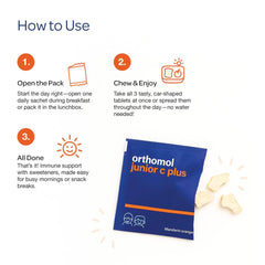 Kid-friendly usage with Orthomol Immun Junior C Plus Tangerine flavor.
