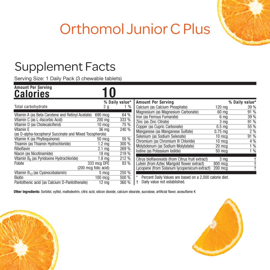 Powder packet of Orthomol Immun Junior C Plus in Tangerine flavor for kids.