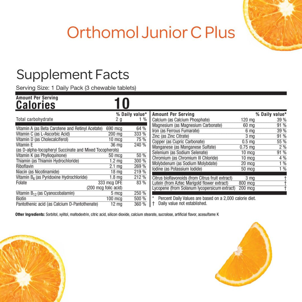 Powder packet of Orthomol Immun Junior C Plus in Tangerine flavor for kids.