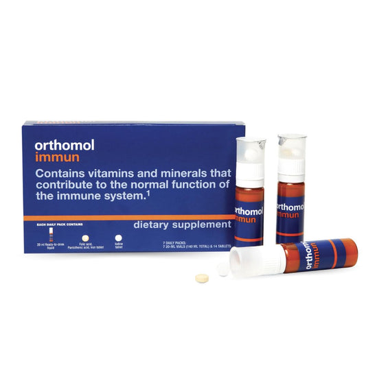 Orthomol Immun seven-day pack for daily immune support, on-the-go use.