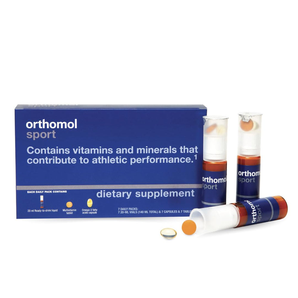 Orthomol Sport bottle front view showing seven‑day supply for athletic support