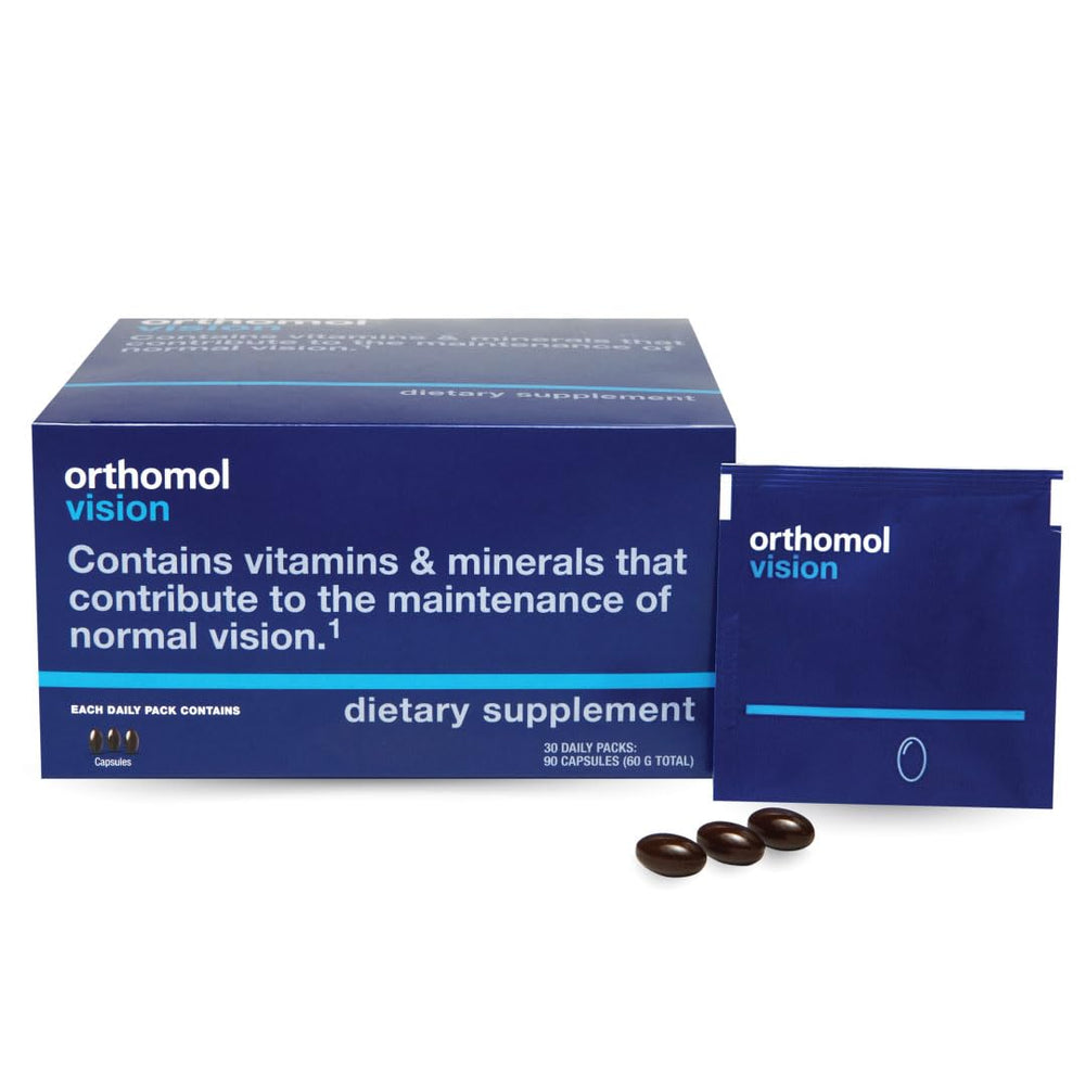 Orthomol Vision bottle with DHA for daily visual support and eye wellness.