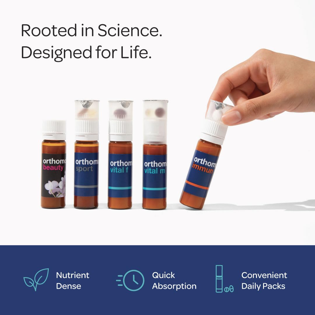 Orthomol Vital F non-GMO and lactose-free label for sensitive diets.