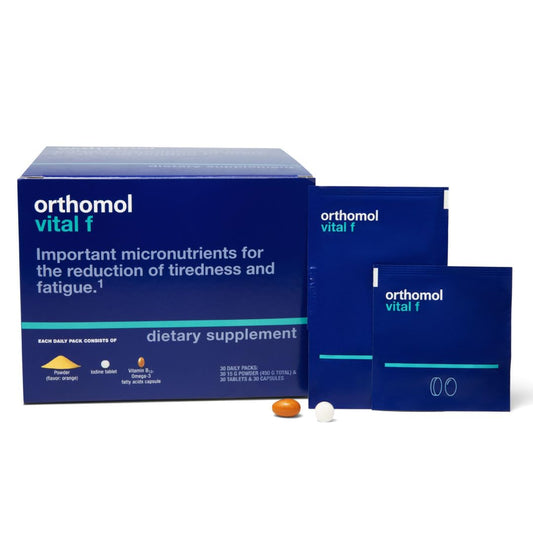 Orthomol Vital F powder bottle for daily energy support.
