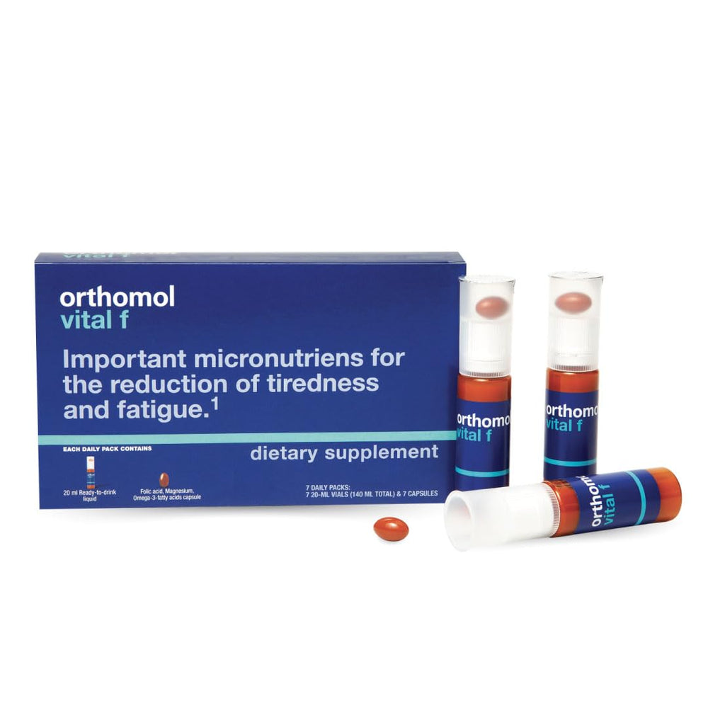 Orthomol Vital F vial front label for daily energy support.
