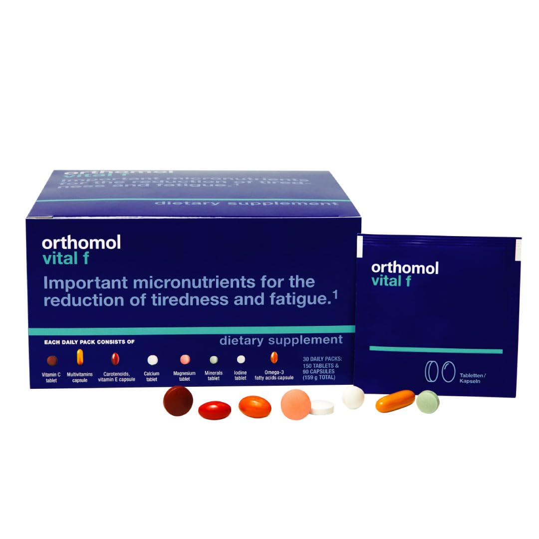 Orthomol Vital F bottle front view highlighting daily vitality support for women.