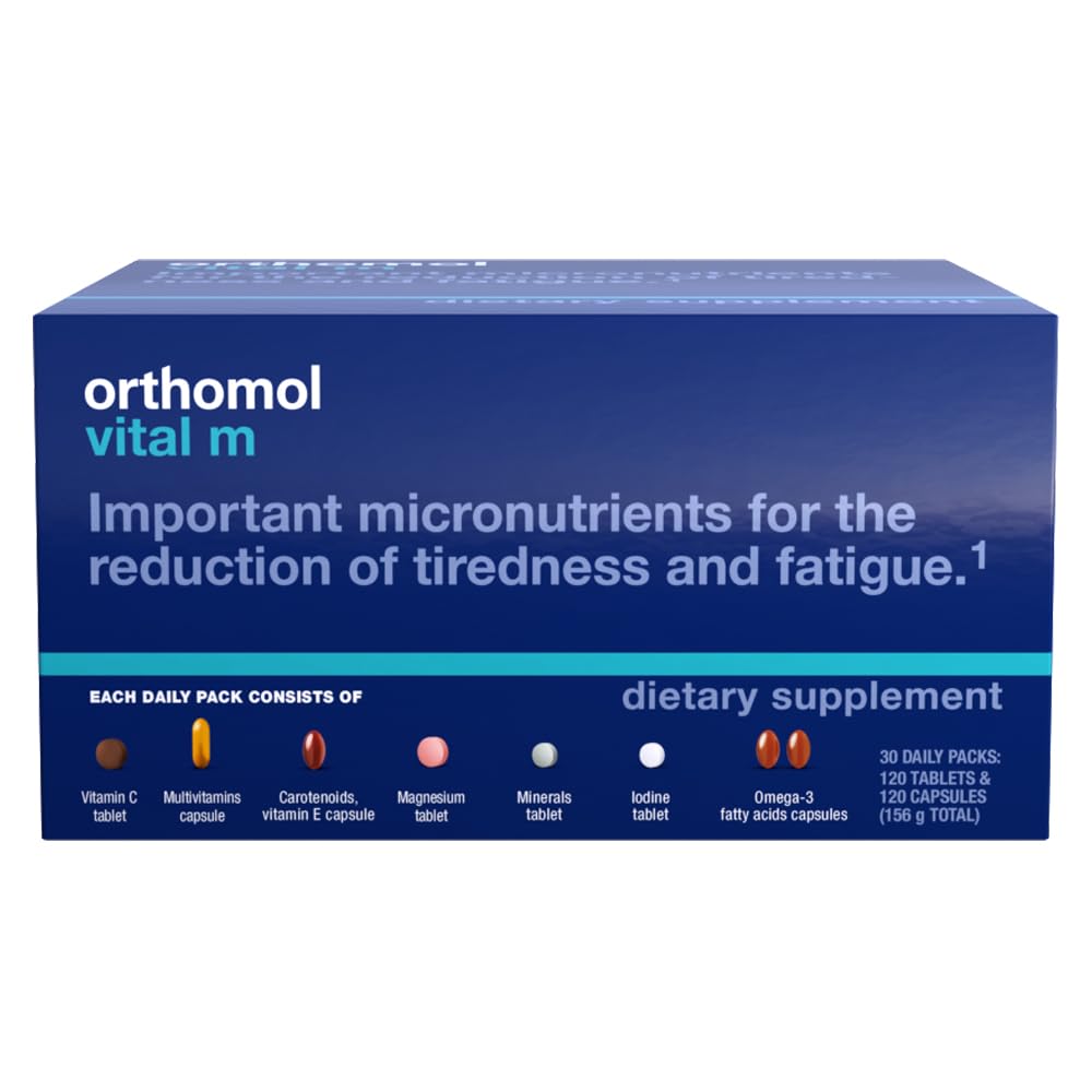 Orthomol Vital M bottle front suggesting daily multivitamin support for men.