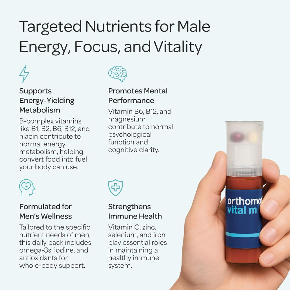 Orthomol Vital M bottle shows omega-3 liquid for easy daily nutrition.