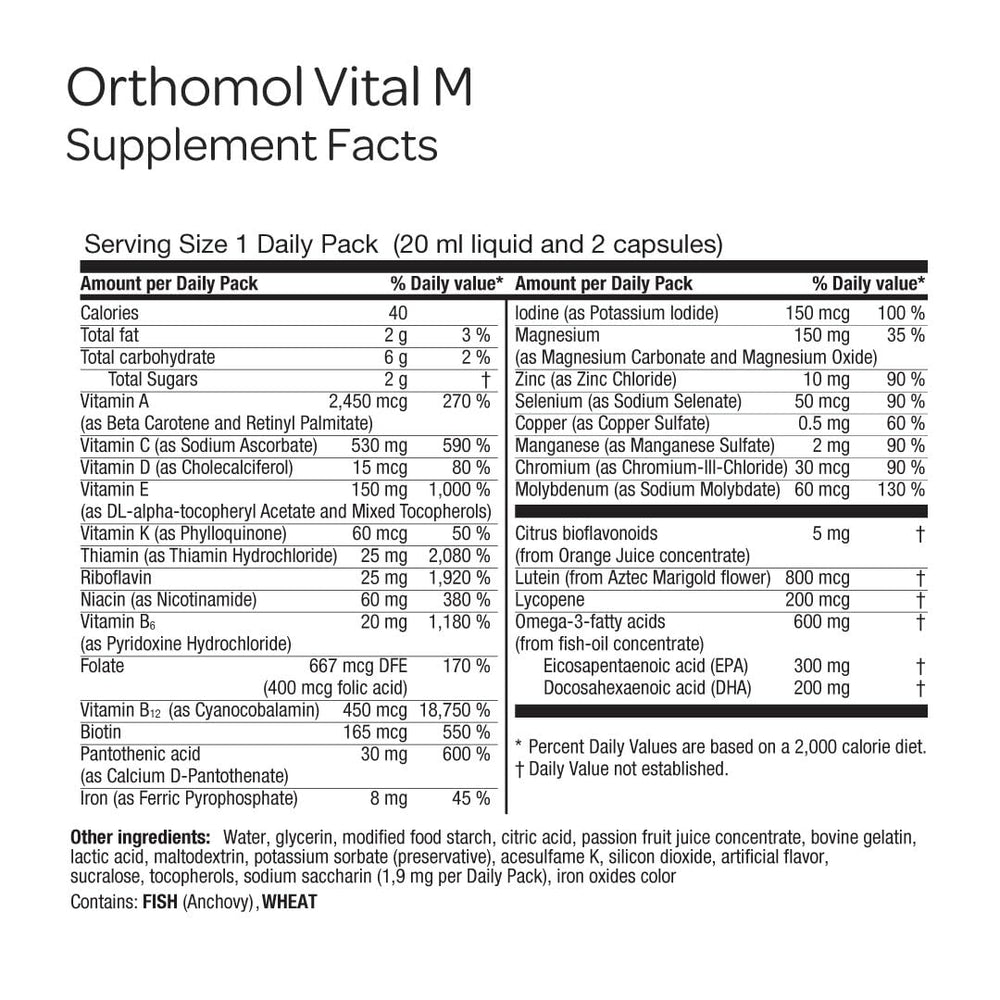 Orthomol Vital M omega-3 softgels highlighted for omega-3 nutrient intake.