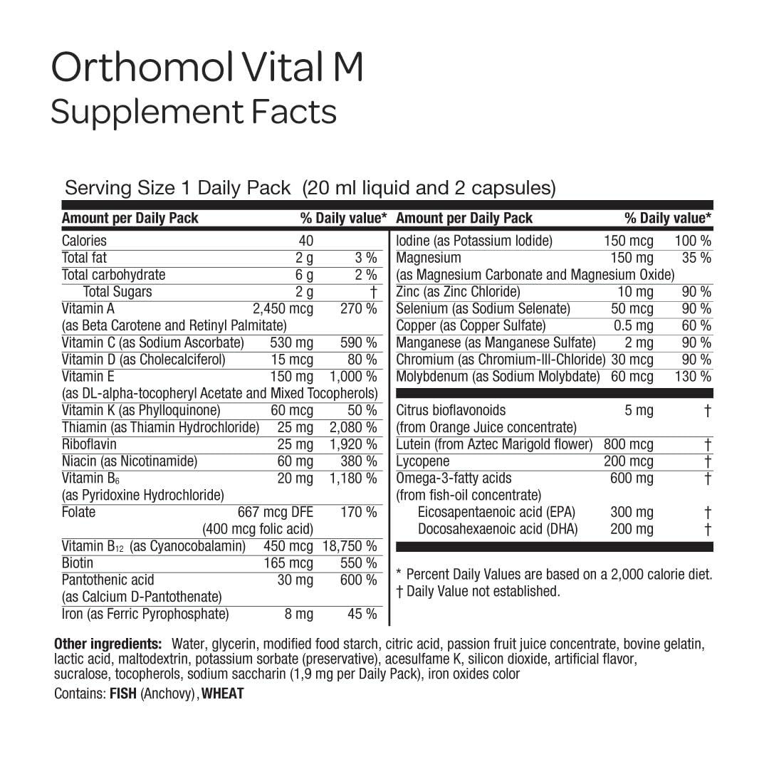 Orthomol Vital M packaging with blue wall design reflects trusted German heritage.