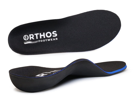ORTHOS Footwear orthotic insole in black fabric delivers cloud-like comfort and full foot support.