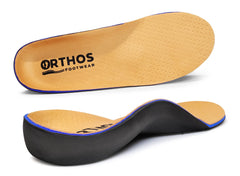 ORTHOS Footwear tan leather orthotic insole close-up for daily comfort.