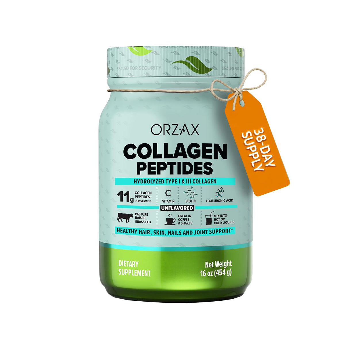 ORZAX Collagen Peptides bottle front showing premium unflavored formula for hair, skin, and joints