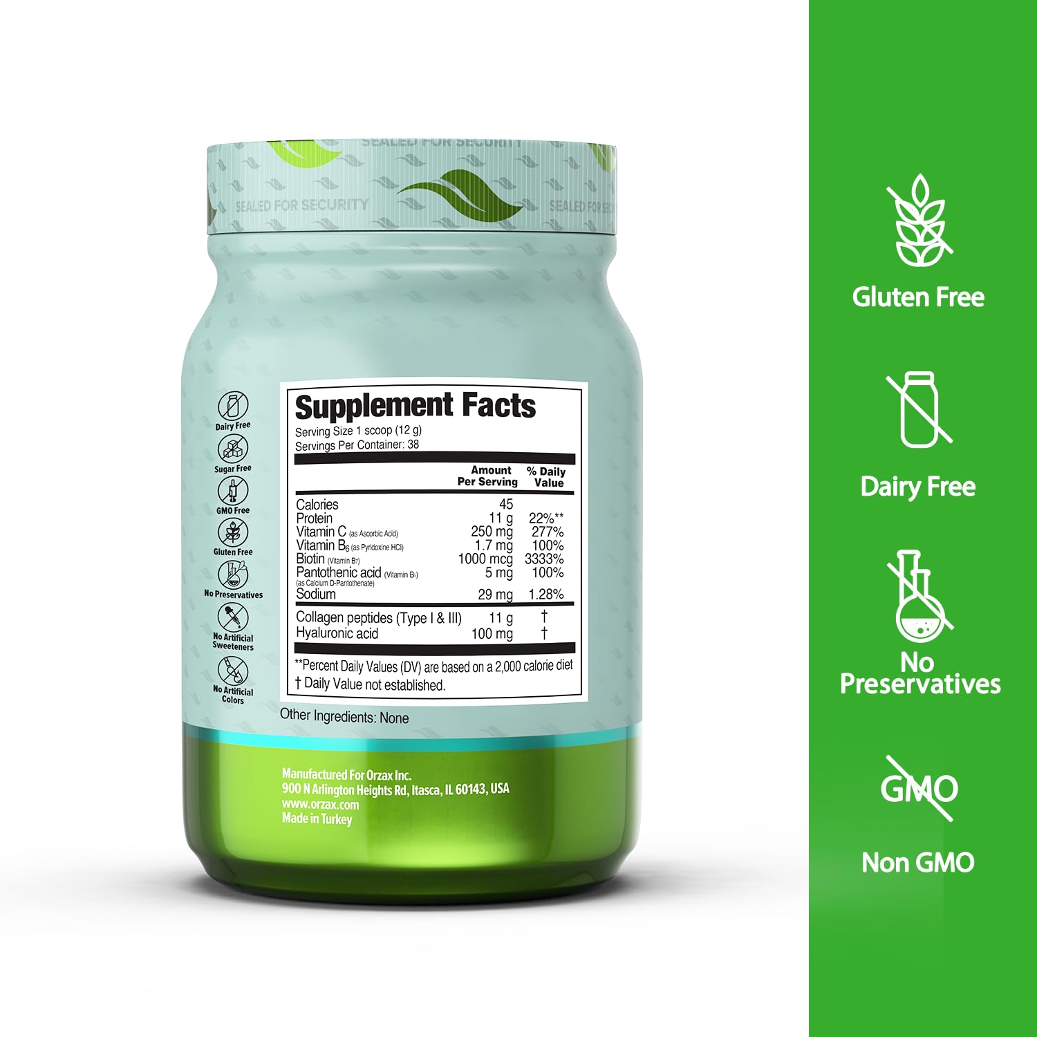 ORZAX Collagen Peptides measuring scoop highlighting easy daily dosage