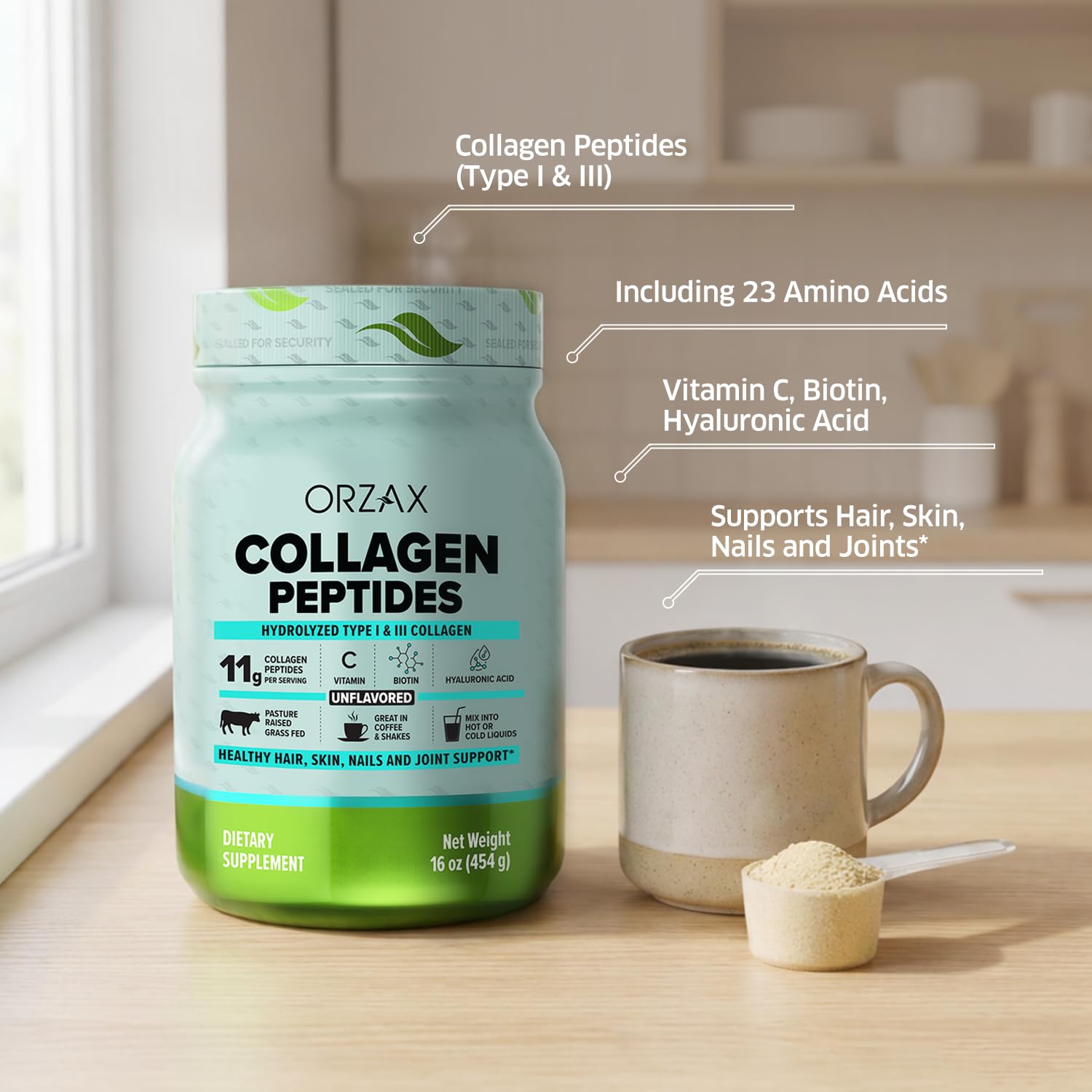 Closeup of ORZAX Collagen Peptides unflavored powder emphasizing gluten-free and sugar-free formula