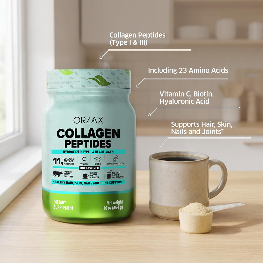 Closeup of ORZAX Collagen Peptides unflavored powder emphasizing gluten-free and sugar-free formula
