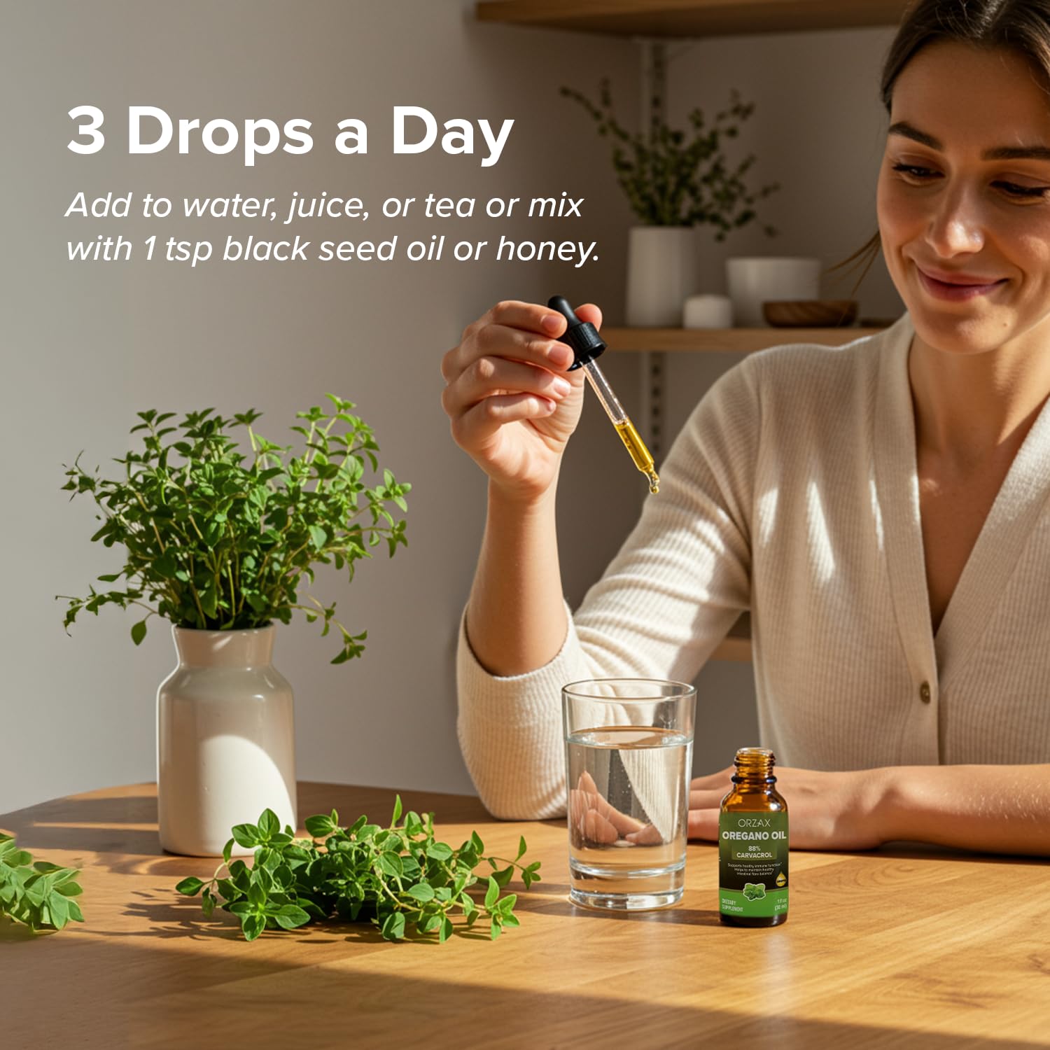 ORZAX oregano oil drops amber bottle closeup for premium presentation.