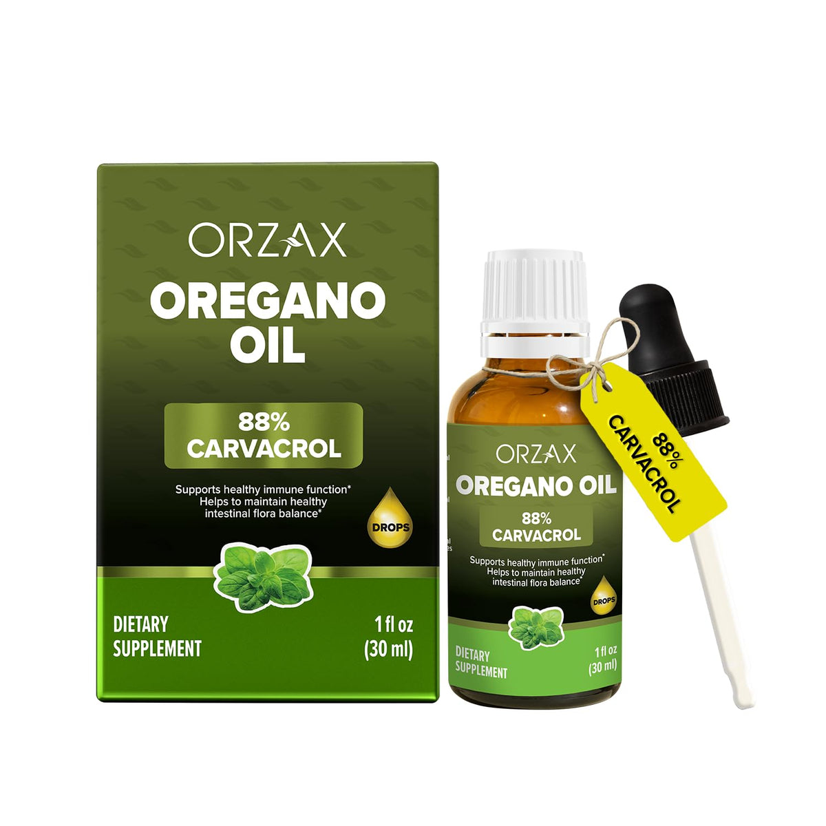ORZAX oregano oil drops bottle for convenient daily use supporting wellness.