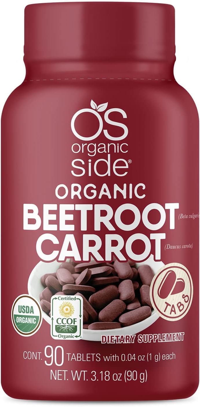 OS Organic Side beetroot carrot tablets bottle top showing convenient packaging